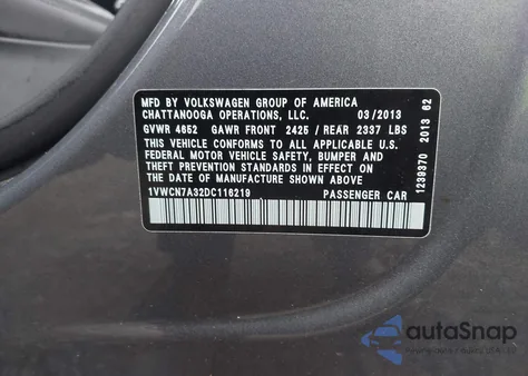 2013 Volkswagen Passat 2.0L Tdi Sel Premium from USA, damaged, VIN 1VWCN7A32DC116219